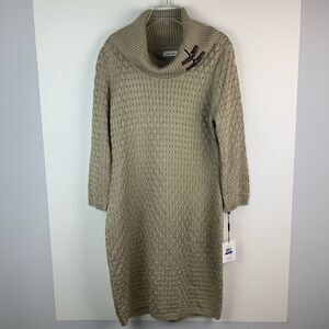 NWT Calvin Klein Women’s Beige Buckled Cowl-Neck Cable knit Sweater Dress Sz XL